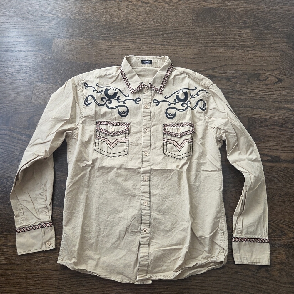 Coofandy Men's Beige Embroidered Western Shirt Sz.M Men's